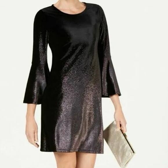 Alfani Gilded Plum Velvet Shift Dress in Black/Purple Foil, 14P - Picture 1 of 6